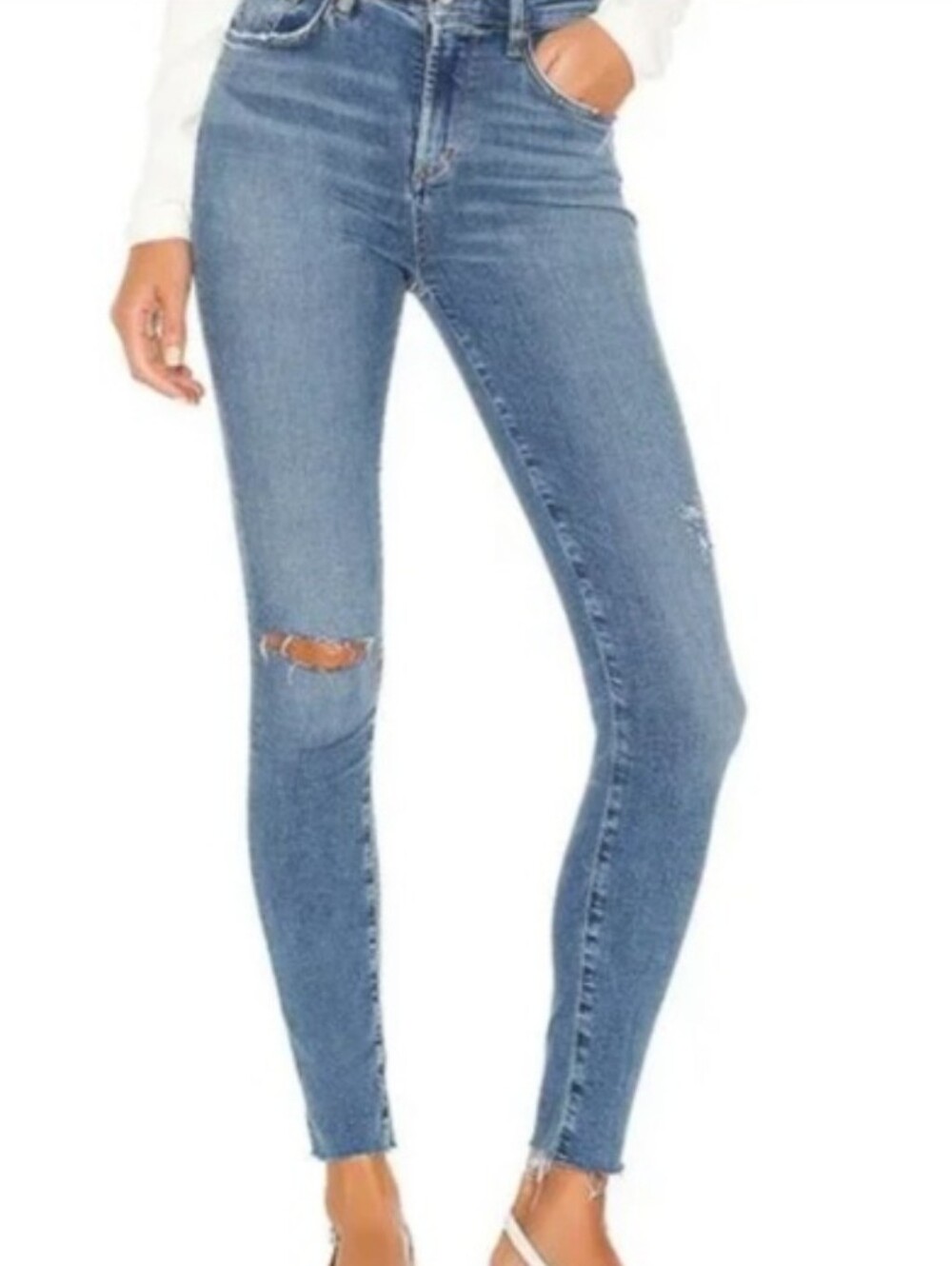 Agolde Sophie High Rise Medium Light Wash Distressed Raw Hem Skinny Ankle Jean